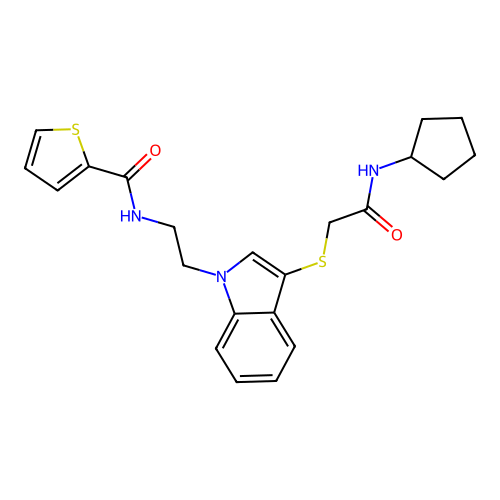 N-[2-(3-{[(cyclopentylcarbamoyl)methyl]sulfanyl}-1H-indol-1-yl)ethyl]thiophene-2-carboxamide structure