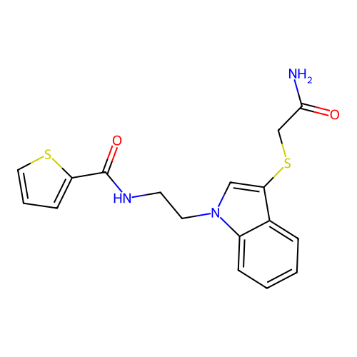 N-[2-[3-(2-amino-2-oxoethyl)sulfanylindol-1-yl]ethyl]thiophene-2-carboxamide structure
