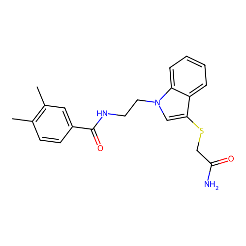 N-[2-[3-(2-amino-2-oxoethyl)sulfanylindol-1-yl]ethyl]-3,4-dimethylbenzamide structure