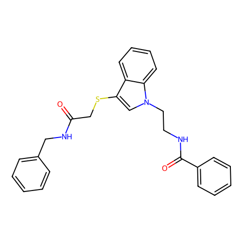N-(2-(3-((2-(benzylamino)-2-oxoethyl)thio)-1H-indol-1-yl)ethyl)benzamide structure