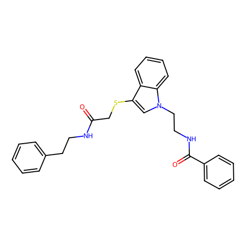 N-(2-(3-((2-oxo-2-(phenethylamino)ethyl)thio)-1H-indol-1-yl)ethyl)benzamide structure
