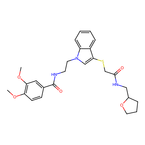 3,4-dimethoxy-N-(2-{3-[({[(oxolan-2-yl)methyl]carbamoyl}methyl)sulfanyl]-1H-indol-1-yl}ethyl)benzamide structure