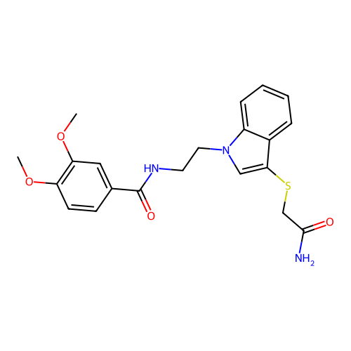N-[2-[3-(2-amino-2-oxoethyl)sulfanylindol-1-yl]ethyl]-3,4-dimethoxybenzamide structure