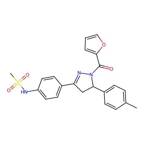 N-{4-[1-(furan-2-carbonyl)-5-(4-methylphenyl)-4,5-dihydro-1H-pyrazol-3-yl]phenyl}methanesulfonamide structure