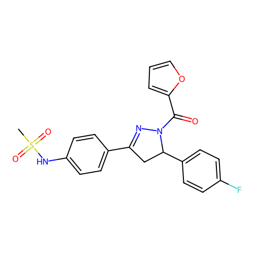 N-(4-(5-(4-fluorophenyl)-1-(furan-2-carbonyl)-4,5-dihydro-1H-pyrazol-3-yl)phenyl)methanesulfonamide structure