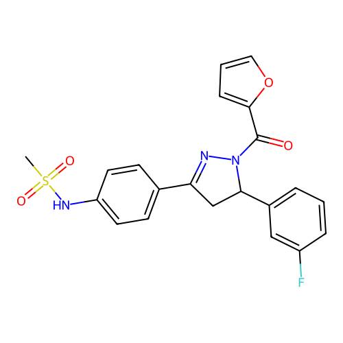 N-(4-(5-(3-fluorophenyl)-1-(furan-2-carbonyl)-4,5-dihydro-1H-pyrazol-3-yl)phenyl)methanesulfonamide structure