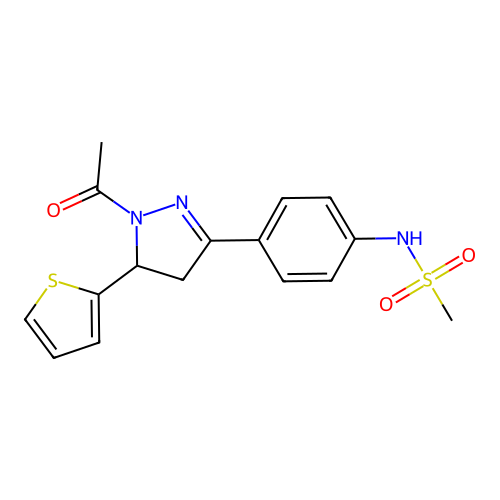 N-{4-[1-acetyl-5-(thiophen-2-yl)-4,5-dihydro-1H-pyrazol-3-yl]phenyl}methanesulfonamide structure