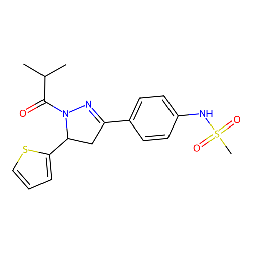 N-{4-[1-(2-methylpropanoyl)-5-(thiophen-2-yl)-4,5-dihydro-1H-pyrazol-3-yl]phenyl}methanesulfonamide structure