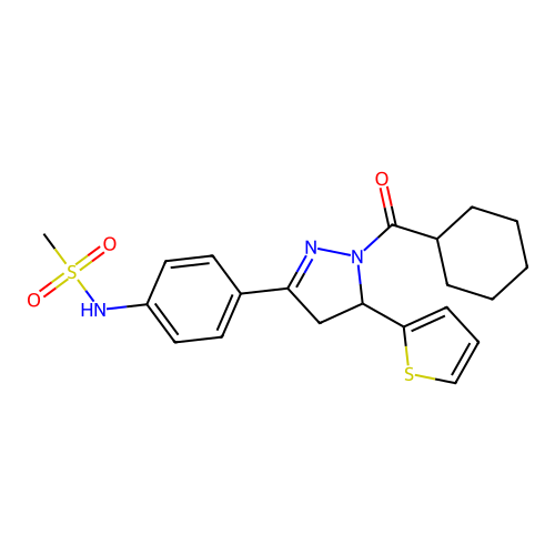N-[4-[2-(cyclohexanecarbonyl)-3-thiophen-2-yl-3,4-dihydropyrazol-5-yl]phenyl]methanesulfonamide structure