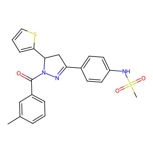 N-[4-[2-(3-methylbenzoyl)-3-thiophen-2-yl-3,4-dihydropyrazol-5-yl]phenyl]methanesulfonamide structure