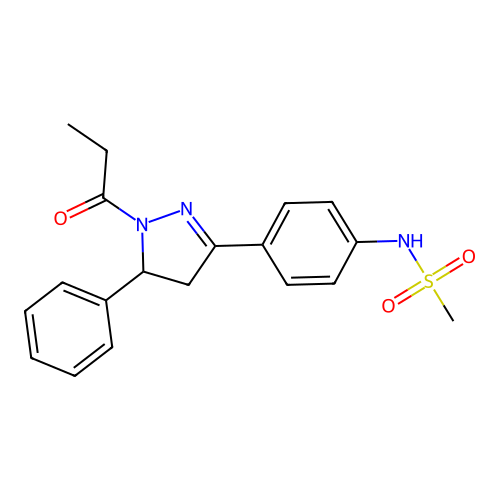 N-[4-(3-phenyl-2-propanoyl-3,4-dihydropyrazol-5-yl)phenyl]methanesulfonamide structure