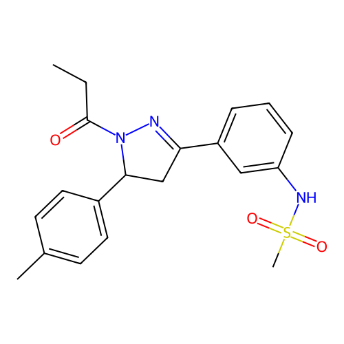 N-(3-(1-propionyl-5-(p-tolyl)-4,5-dihydro-1H-pyrazol-3-yl)phenyl)methanesulfonamide structure