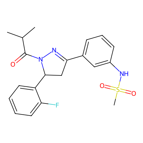N-(3-(5-(2-fluorophenyl)-1-isobutyryl-4,5-dihydro-1H-pyrazol-3-yl)phenyl)methanesulfonamide structure