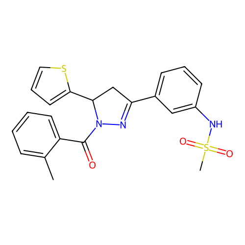 N-{3-[1-(2-methylbenzoyl)-5-(thiophen-2-yl)-4,5-dihydro-1H-pyrazol-3-yl]phenyl}methanesulfonamide structure