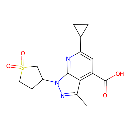 6-cyclopropyl-1-(1,1-dioxidotetrahydrothien-3-yl)-3-methyl-1H-pyrazolo[3,4-b]pyridine-4-carboxylic acid structure