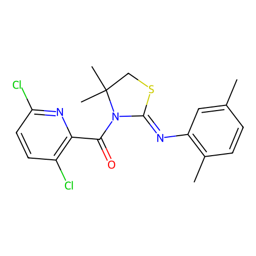 (3,6-dichloropyridin-2-yl)-[2-(2,5-dimethylphenyl)imino-4,4-dimethyl-1,3-thiazolidin-3-yl]methanone structure