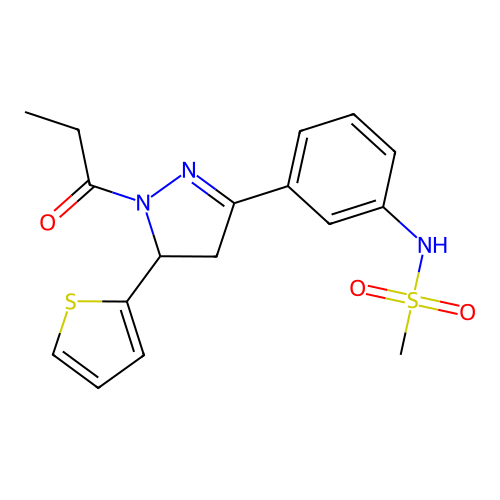 N-(3-(1-propionyl-5-(thiophen-2-yl)-4,5-dihydro-1H-pyrazol-3-yl)phenyl)methanesulfonamide structure