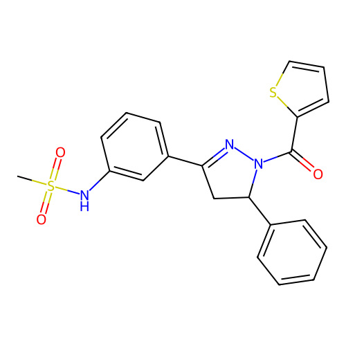 N-(3-(5-phenyl-1-(thiophene-2-carbonyl)-4,5-dihydro-1H-pyrazol-3-yl)phenyl)methanesulfonamide structure