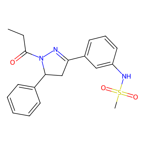 N-[3-(5-phenyl-1-propanoyl-4,5-dihydro-1H-pyrazol-3-yl)phenyl]methanesulfonamide structure