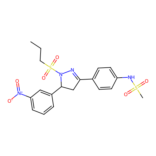 N-{4-[5-(3-nitrophenyl)-1-(propane-1-sulfonyl)-4,5-dihydro-1H-pyrazol-3-yl]phenyl}methanesulfonamide structure