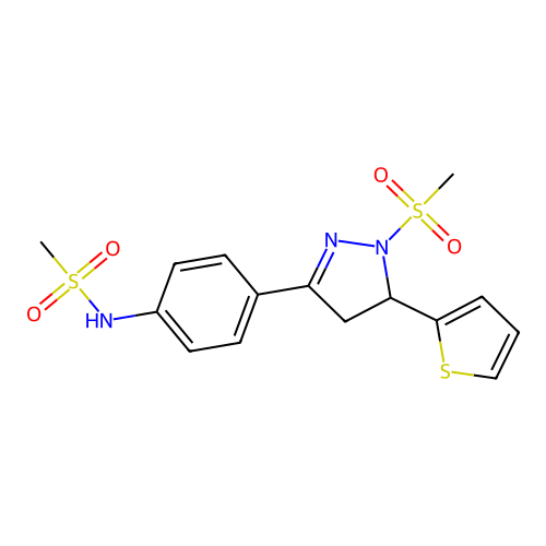 N-(4-(1-(methylsulfonyl)-5-(thiophen-2-yl)-4,5-dihydro-1H-pyrazol-3-yl)phenyl)methanesulfonamide structure