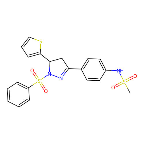 N-(4-(1-(phenylsulfonyl)-5-(thiophen-2-yl)-4,5-dihydro-1H-pyrazol-3-yl)phenyl)methanesulfonamide structure