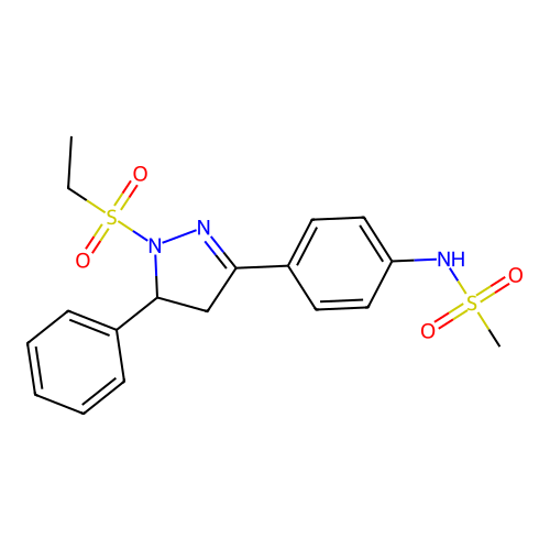 N-[4-(2-ethylsulfonyl-3-phenyl-3,4-dihydropyrazol-5-yl)phenyl]methanesulfonamide structure