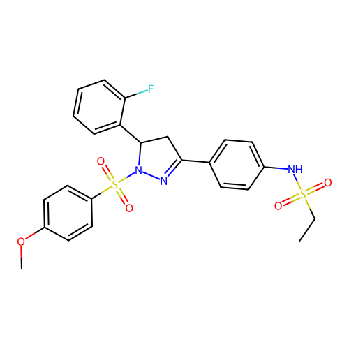 N-(4-(5-(2-fluorophenyl)-1-((4-methoxyphenyl)sulfonyl)-4,5-dihydro-1H-pyrazol-3-yl)phenyl)ethanesulfonamide structure