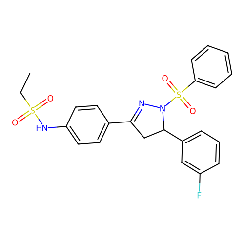 N-(4-(5-(3-fluorophenyl)-1-(phenylsulfonyl)-4,5-dihydro-1H-pyrazol-3-yl)phenyl)ethanesulfonamide structure