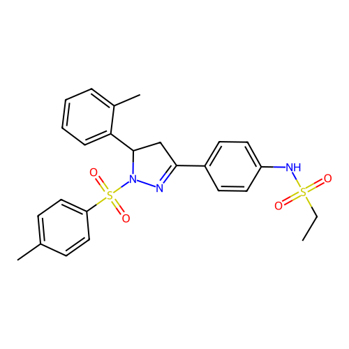 N-(4-(5-(o-tolyl)-1-tosyl-4,5-dihydro-1H-pyrazol-3-yl)phenyl)ethanesulfonamide structure