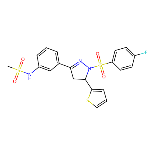 N-(3-(1-((4-fluorophenyl)sulfonyl)-5-(thiophen-2-yl)-4,5-dihydro-1H-pyrazol-3-yl)phenyl)methanesulfonamide structure