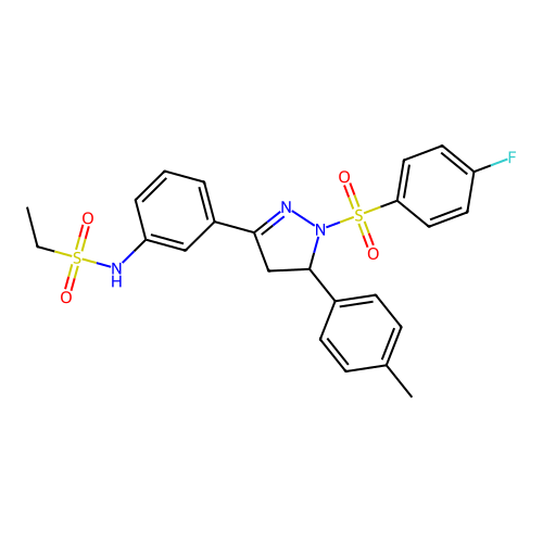 N-(3-(1-((4-fluorophenyl)sulfonyl)-5-(p-tolyl)-4,5-dihydro-1H-pyrazol-3-yl)phenyl)ethanesulfonamide structure