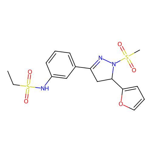 N-[3-[3-(furan-2-yl)-2-methylsulfonyl-3,4-dihydropyrazol-5-yl]phenyl]ethanesulfonamide structure