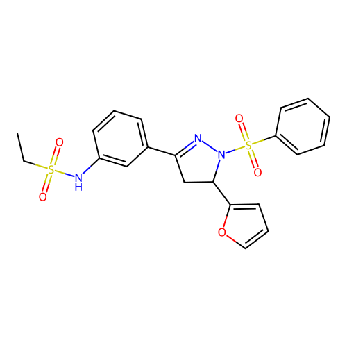 N-(3-(5-(furan-2-yl)-1-(phenylsulfonyl)-4,5-dihydro-1H-pyrazol-3-yl)phenyl)ethanesulfonamide structure