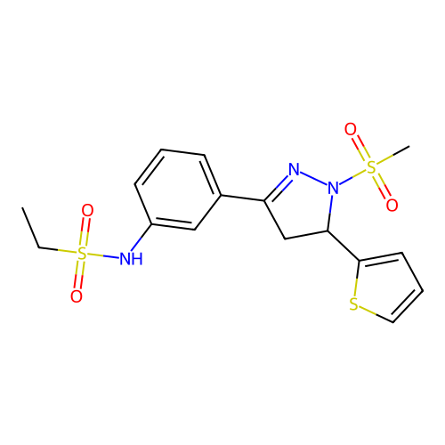 N-(3-(1-(methylsulfonyl)-5-(thiophen-2-yl)-4,5-dihydro-1H-pyrazol-3-yl)phenyl)ethanesulfonamide structure