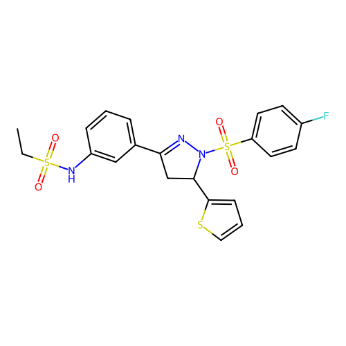 N-[3-[2-(4-fluorophenyl)sulfonyl-3-thiophen-2-yl-3,4-dihydropyrazol-5-yl]phenyl]ethanesulfonamide structure