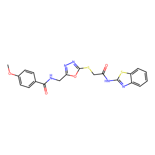 N-{[5-({[(1,3-benzothiazol-2-yl)carbamoyl]methyl}sulfanyl)-1,3,4-oxadiazol-2-yl]methyl}-4-methoxybenzamide structure