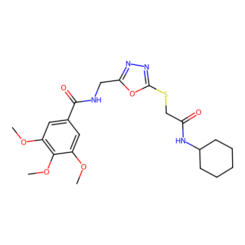 N-((5-((2-(cyclohexylamino)-2-oxoethyl)thio)-1,3,4-oxadiazol-2-yl)methyl)-3,4,5-trimethoxybenzamide structure