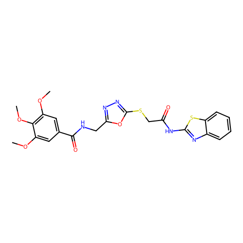 N-((5-((2-(benzo[d]thiazol-2-ylamino)-2-oxoethyl)thio)-1,3,4-oxadiazol-2-yl)methyl)-3,4,5-trimethoxybenzamide structure