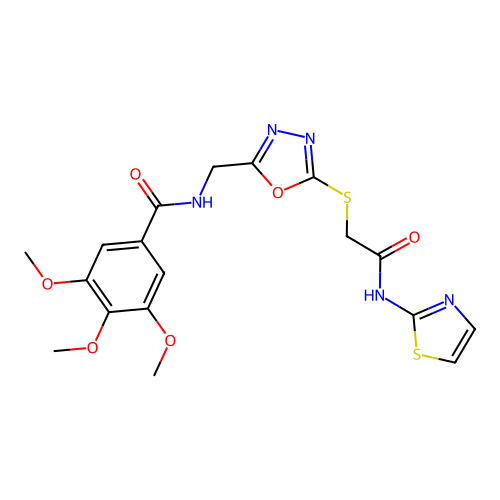 3,4,5-trimethoxy-N-((5-((2-oxo-2-(thiazol-2-ylamino)ethyl)thio)-1,3,4-oxadiazol-2-yl)methyl)benzamide structure
