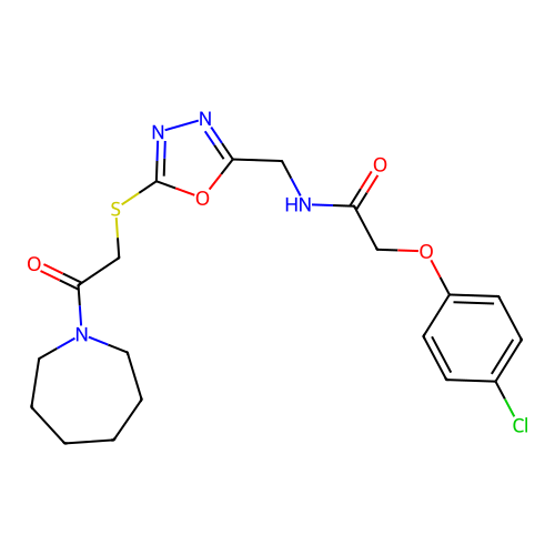 N-({5-[(2-azepan-1-yl-2-oxoethyl)thio]-1,3,4-oxadiazol-2-yl}methyl)-2-(4-chlorophenoxy)acetamide structure