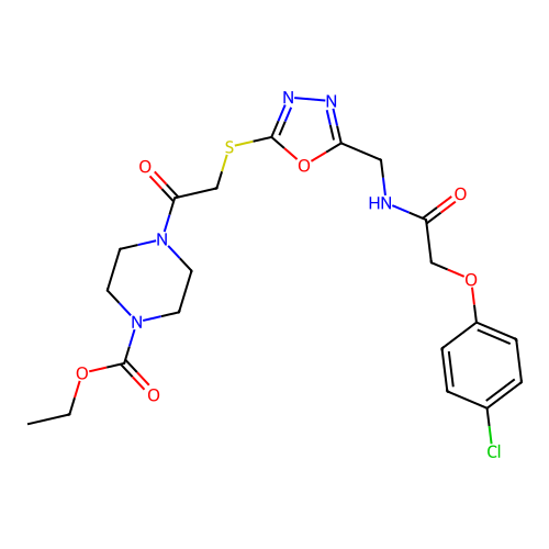 ethyl 4-(2-((5-((2-(4-chlorophenoxy)acetamido)methyl)-1,3,4-oxadiazol-2-yl)thio)acetyl)piperazine-1-carboxylate structure