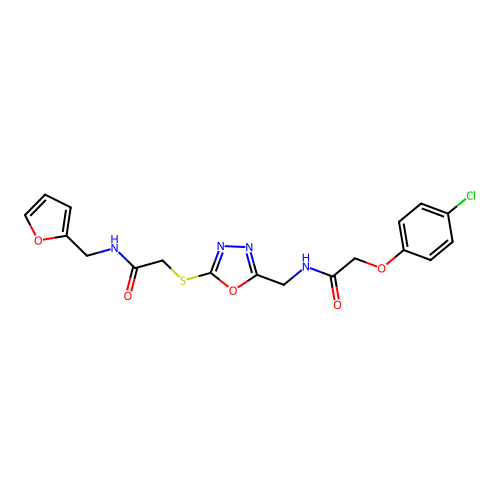 2-(4-chlorophenoxy)-N-({5-[({[(furan-2-yl)methyl]carbamoyl}methyl)sulfanyl]-1,3,4-oxadiazol-2-yl}methyl)acetamide structure