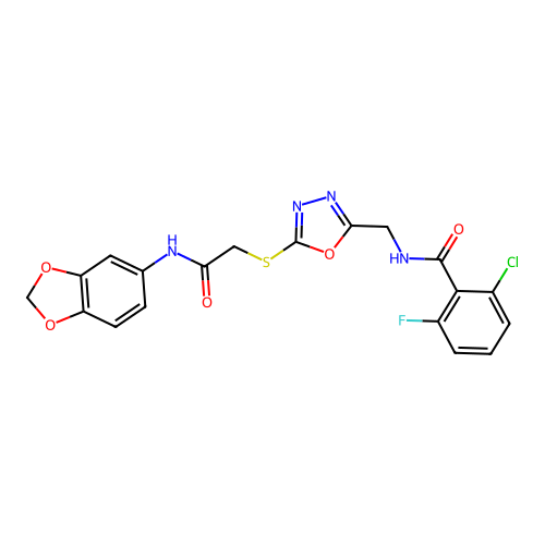 N-[[5-[2-(1,3-benzodioxol-5-ylamino)-2-oxoethyl]sulfanyl-1,3,4-oxadiazol-2-yl]methyl]-2-chloro-6-fluorobenzamide structure