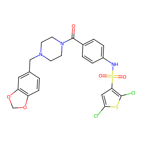 N-(4-{4-[(1,3-dioxaindan-5-yl)methyl]piperazine-1-carbonyl}phenyl)-2,5-dichlorothiophene-3-sulfonamide structure
