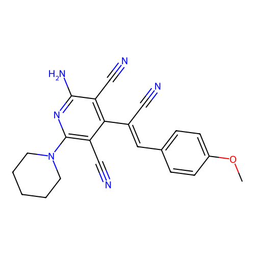 2-Amino-4-(1-cyano-2-(4-methoxyphenyl)vinyl)-6-(piperidin-1-yl)pyridine-3,5-dicarbonitrile structure