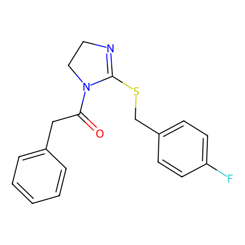 1-(2-((4-fluorobenzyl)thio)-4,5-dihydro-1H-imidazol-1-yl)-2-phenylethanone structure