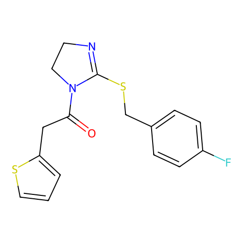 1-[2-[(4-fluorophenyl)methylsulfanyl]-4,5-dihydroimidazol-1-yl]-2-thiophen-2-ylethanone structure