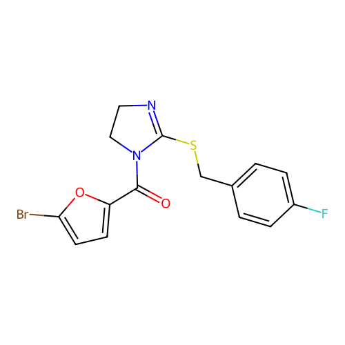 (5-bromofuran-2-yl)(2-((4-fluorobenzyl)thio)-4,5-dihydro-1H-imidazol-1-yl)methanone structure