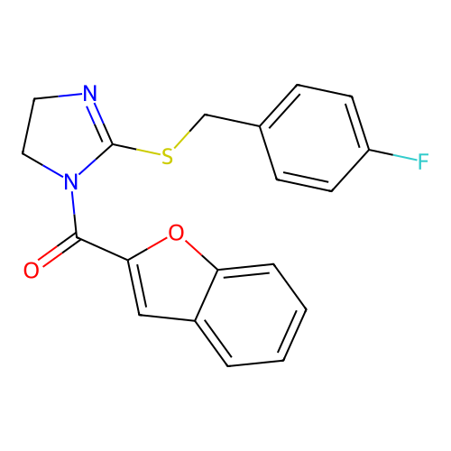 benzofuran-2-yl(2-((4-fluorobenzyl)thio)-4,5-dihydro-1H-imidazol-1-yl)methanone structure